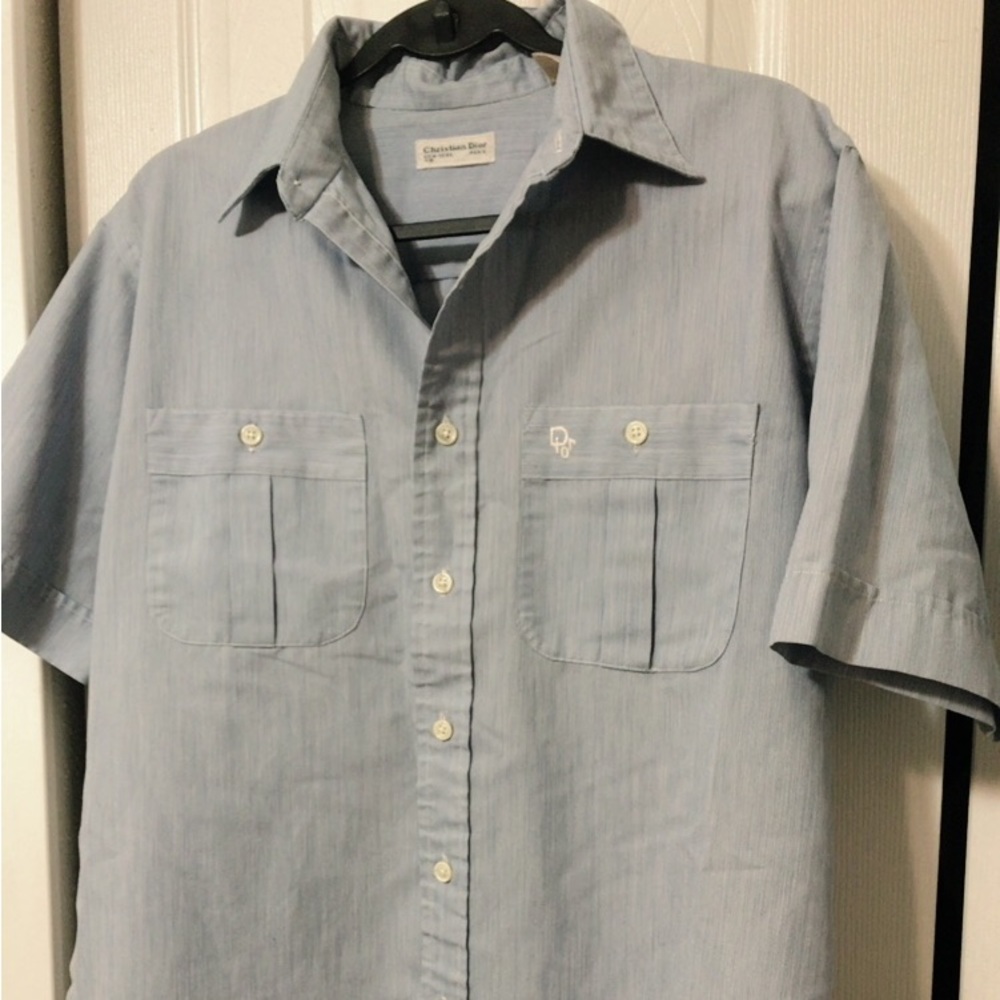 Vintage Christian Dior blue and white pinstriped short sleeve button down shirt